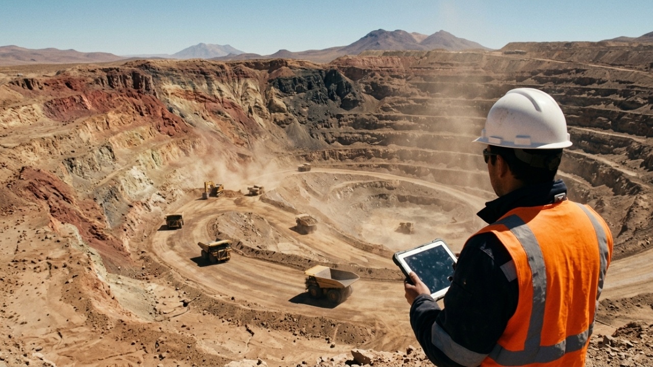 Visão panorâmica da operação de mineração na cratera vulcânica.