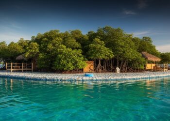 Ilha flutuante verdejante sobre base de garrafas PET em mar cristalino.