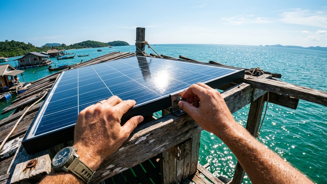 Visão do morador ajustando painéis solares com o oceano ao fundo.