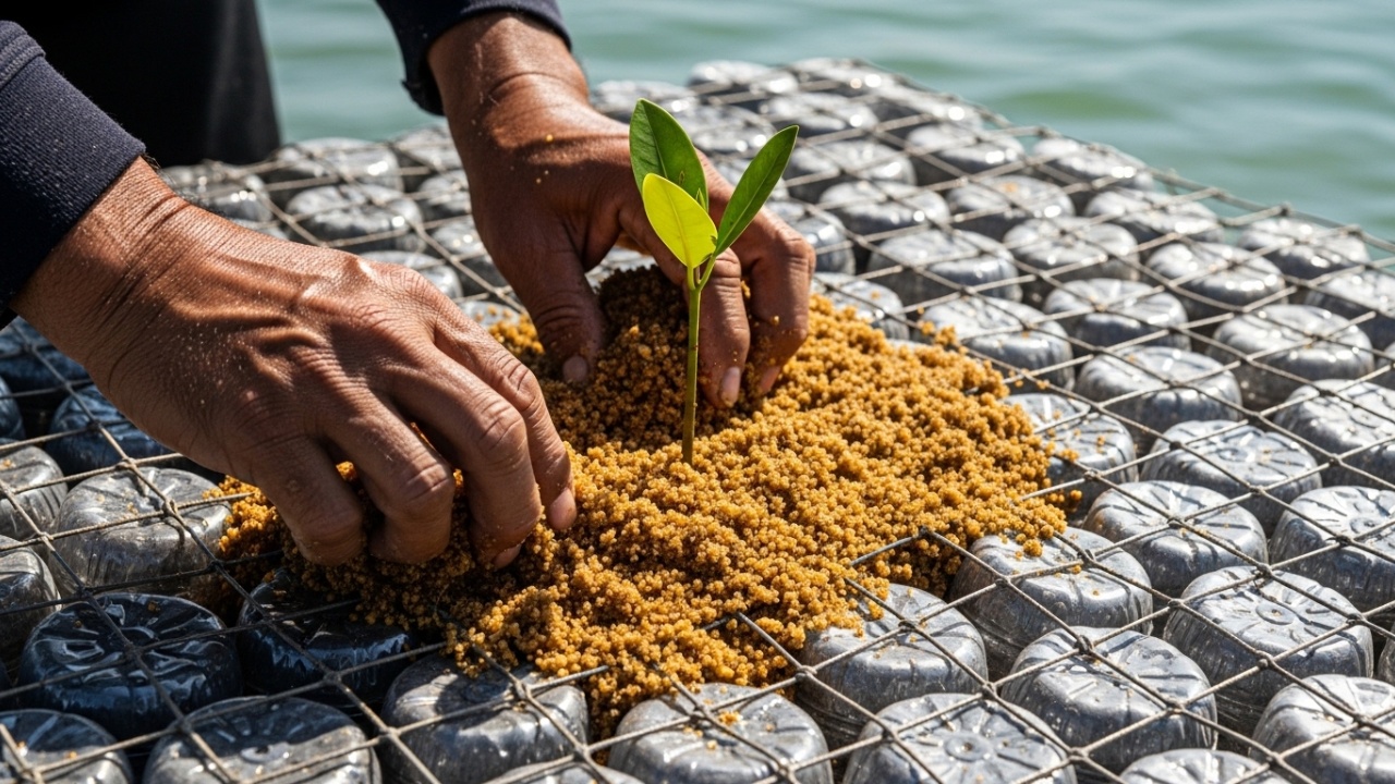 Mãos depositando areia e mudas sobre a base de garrafas recicladas.
