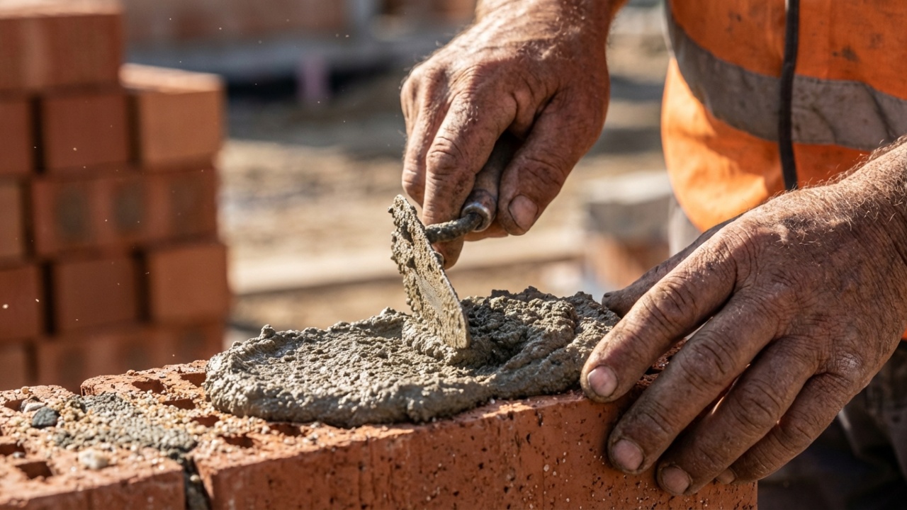 Close detalhado de mãos aplicando argamassa em tijolos de cerâmica.