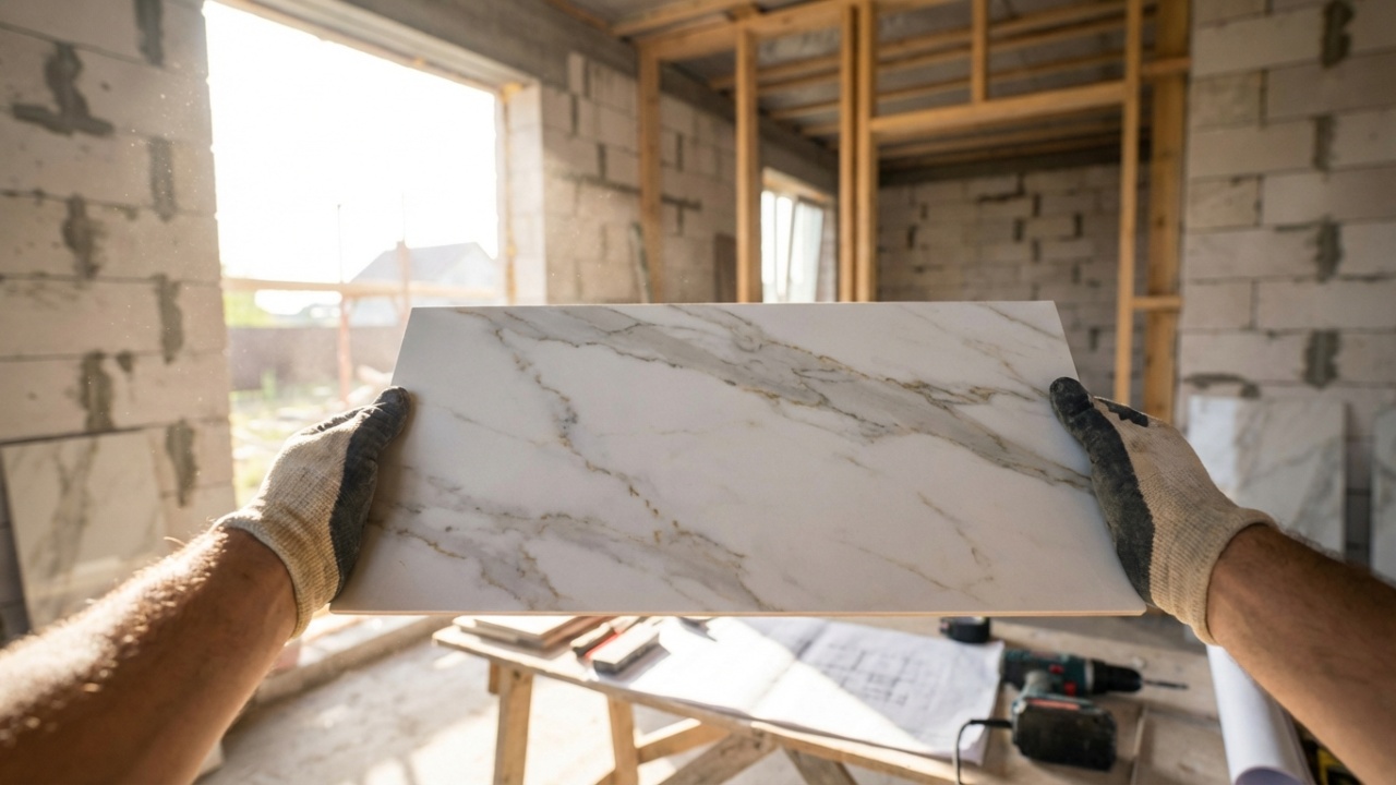 Visão do morador segurando um revestimento de porcelanato na obra.