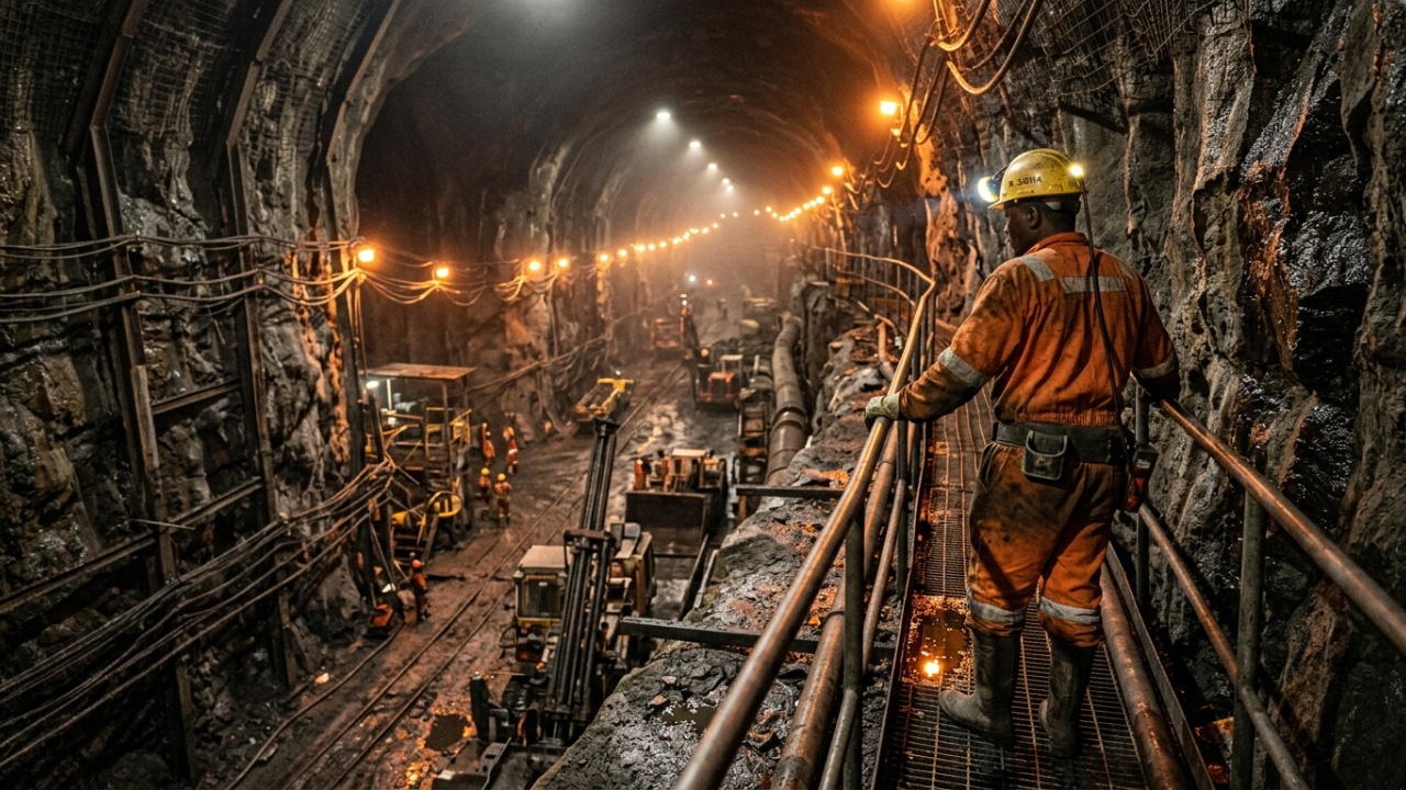 Vista ampla de galeria profunda de mineração com névoa de calor.