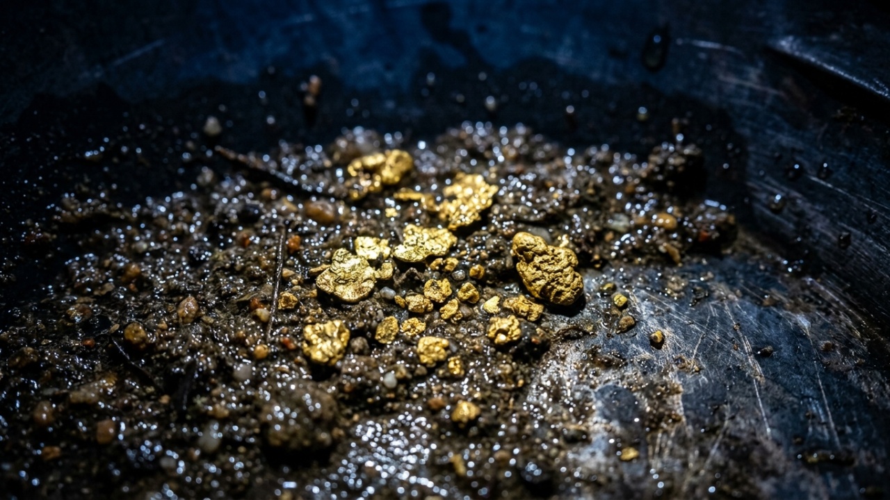 Close macro de partículas de ouro em sedimento úmido e escuro.