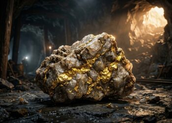Rocha de quartzo com veios grossos de ouro sob luz dramática.