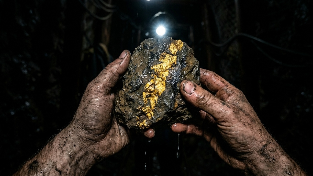 Visão em primeira pessoa segurando minério com veio de ouro.