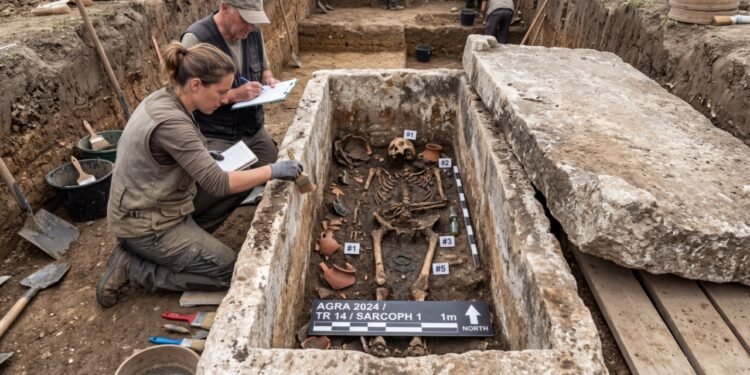Arqueólogos abrem sarcófago de 1.700 anos revelando tesouros de ouro.
