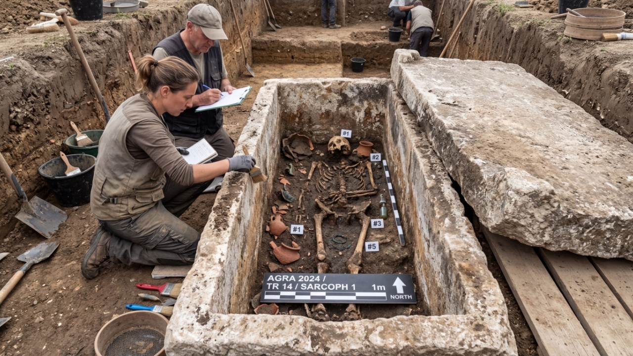 Arqueólogos abrem sarcófago de 1.700 anos revelando tesouros de ouro.