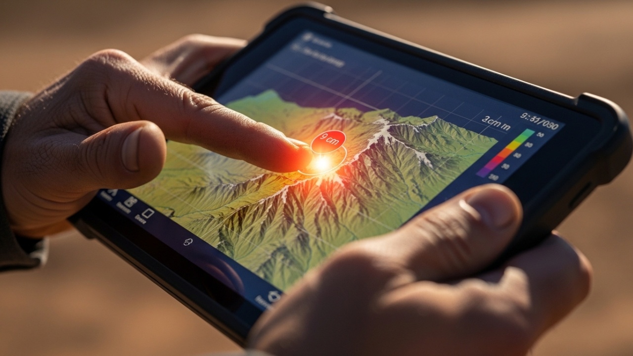 Mãos sujas de terra de um cientista segurando um tablet com mapa topográfico brilhante.