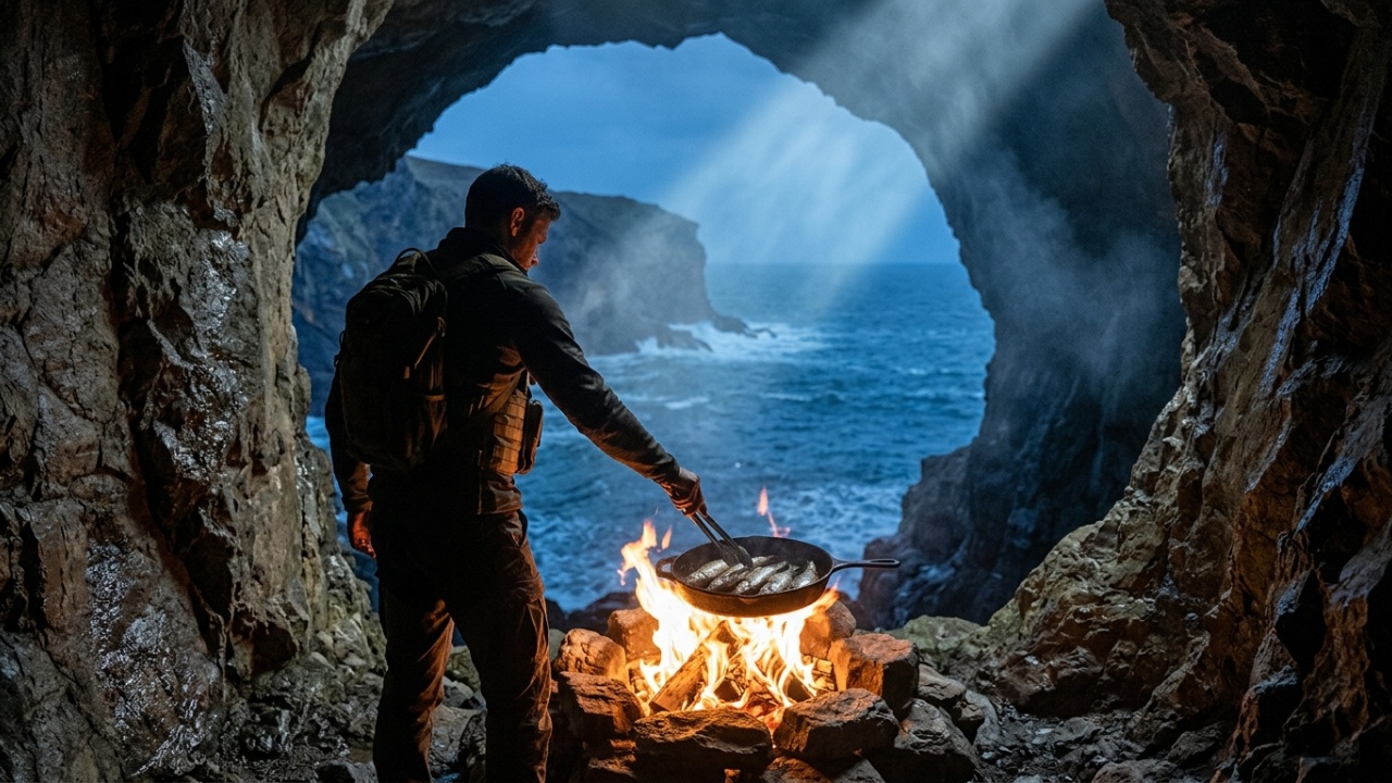 Aventura de pesca em caverna e acampamento isolado