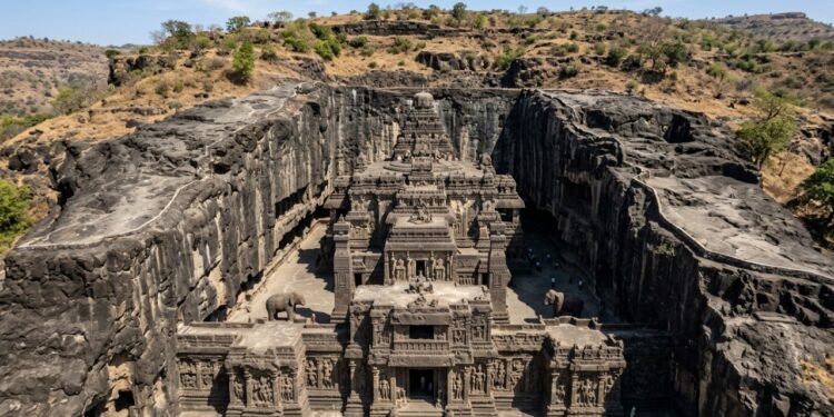 Exigindo a remoção manual de 400 mil toneladas de rocha, o impressionante templo asiático de 30 metros de altura foi esculpido de cima para baixo há mais de 1.200 anos