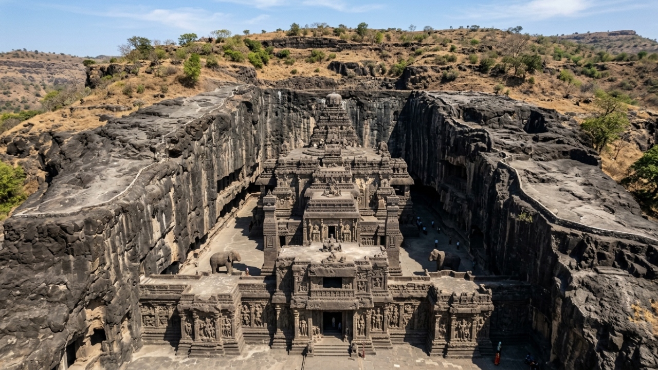 Exigindo a remoção manual de 400 mil toneladas de rocha, o impressionante templo asiático de 30 metros de altura foi esculpido de cima para baixo há mais de 1.200 anos