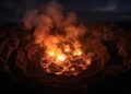 O vulcão Nyiragongo abriga o maior lago de lava fervente da Terra na cratera, sendo um dos fenômenos geológicos mais perigosos e ativos do mundo