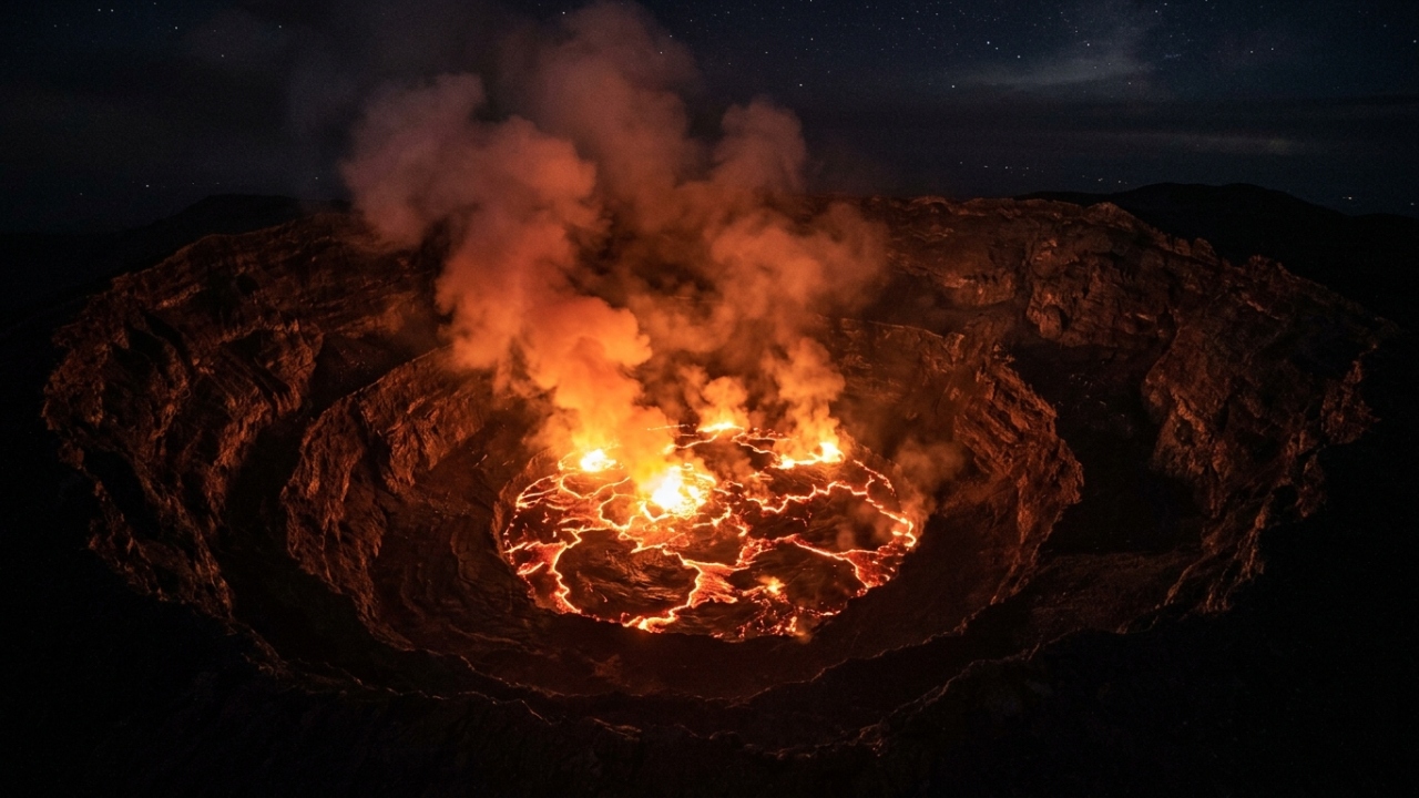 O vulcão Nyiragongo abriga o maior lago de lava fervente da Terra na cratera, sendo um dos fenômenos geológicos mais perigosos e ativos do mundo