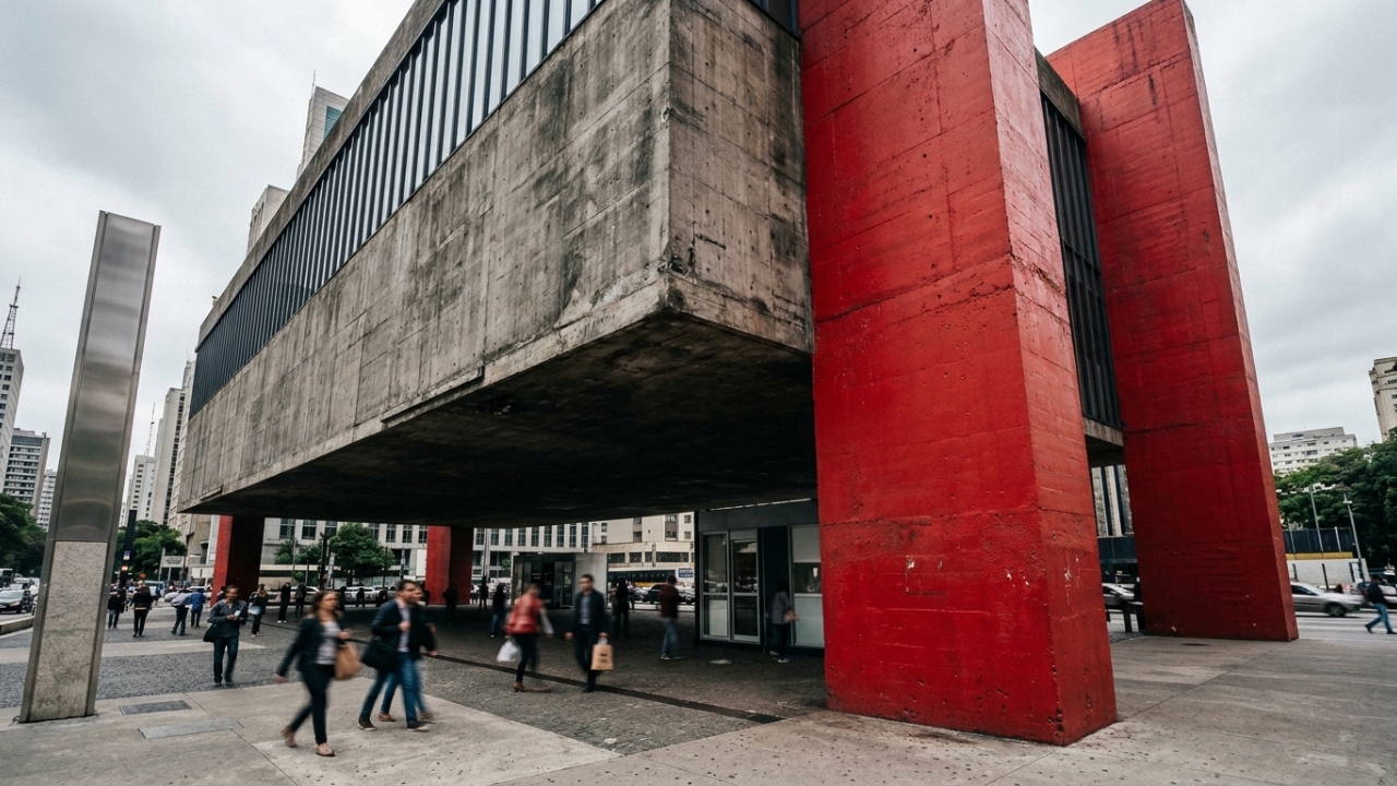 Com um vão livre de 74 metros e pilares vermelhos de concreto, o museu de 1968 tornou-se o maior ícone da arquitetura brutalista na capital paulista