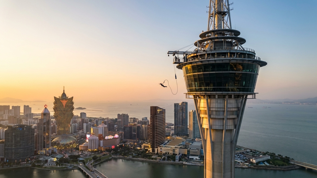 Com 338 metros de altura e o bungee jump mais alto do mundo, a torre de 2001 tornou-se o maior marco visual e o centro de aventura de Macau