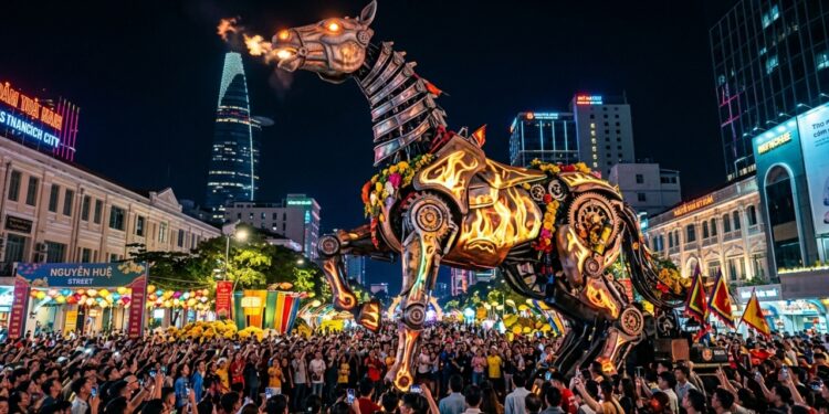 Com 11 metros de altura e pernas mecânicas que se movem sozinhas, o cavalo gigante que exigiu mais de dois meses de trabalho paralisa o trânsito e transforma-se na atração mais insana das ruas vietnamitas