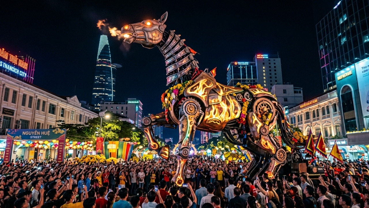 Com 11 metros de altura e pernas mecânicas que se movem sozinhas, o cavalo gigante que exigiu mais de dois meses de trabalho paralisa o trânsito e transforma-se na atração mais insana das ruas vietnamitas