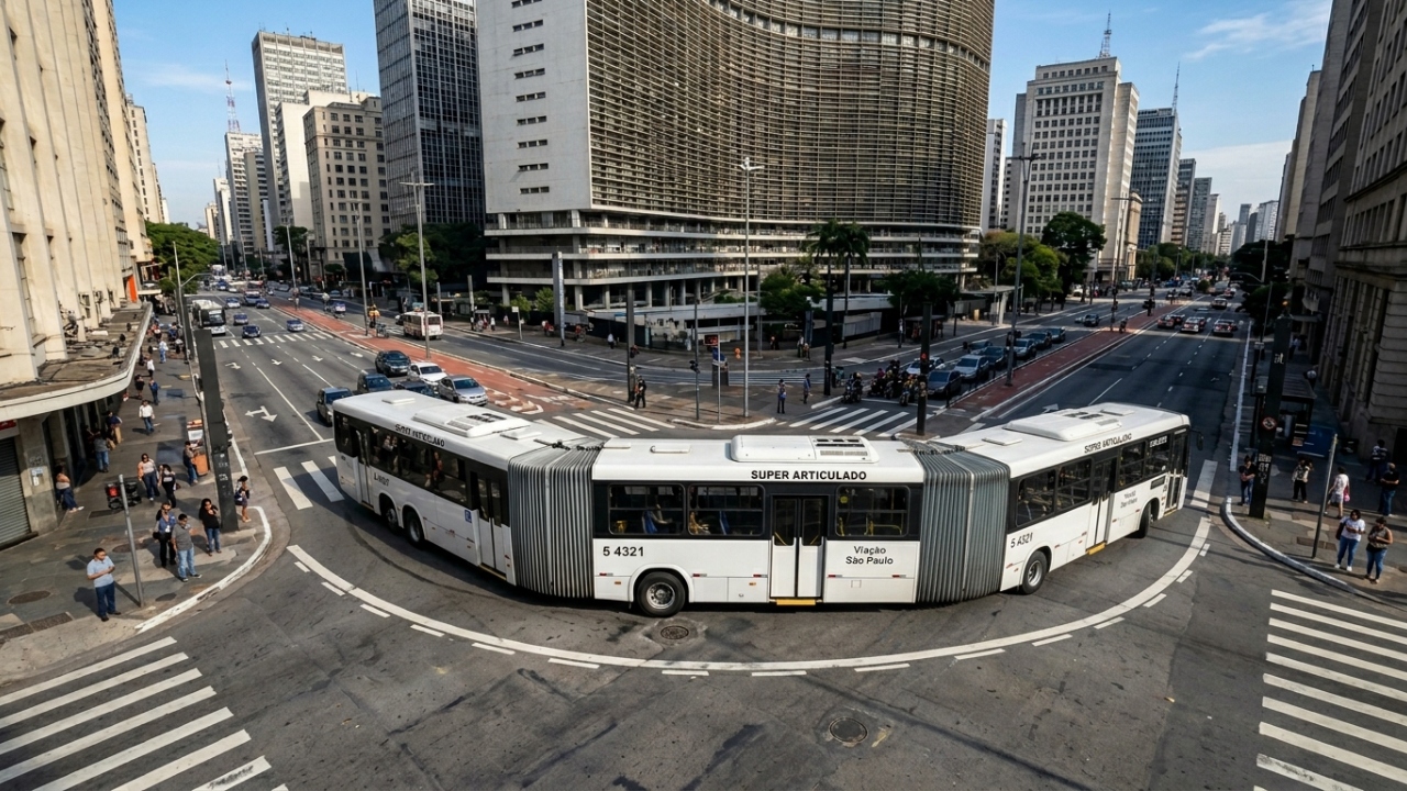 Deslocando mais de 200 pessoas de uma só vez, o colosso articulado de 23 metros utiliza um eixo traseiro direcional para contornar curvas apertadas nas metrópoles com facilidade