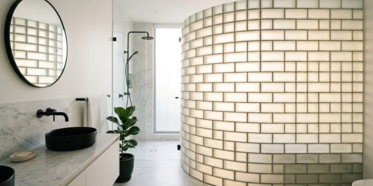 Esqueça as janelas comuns pois os tijolos de vidro jateado trazem luz natural com total privacidade e elegância para o seu ambiente interno