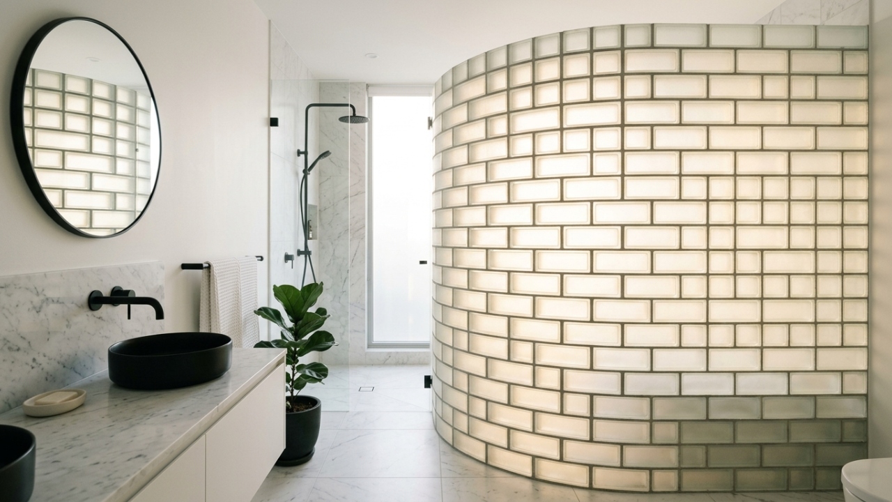 Esqueça as janelas comuns pois os tijolos de vidro jateado trazem luz natural com total privacidade e elegância para o seu ambiente interno