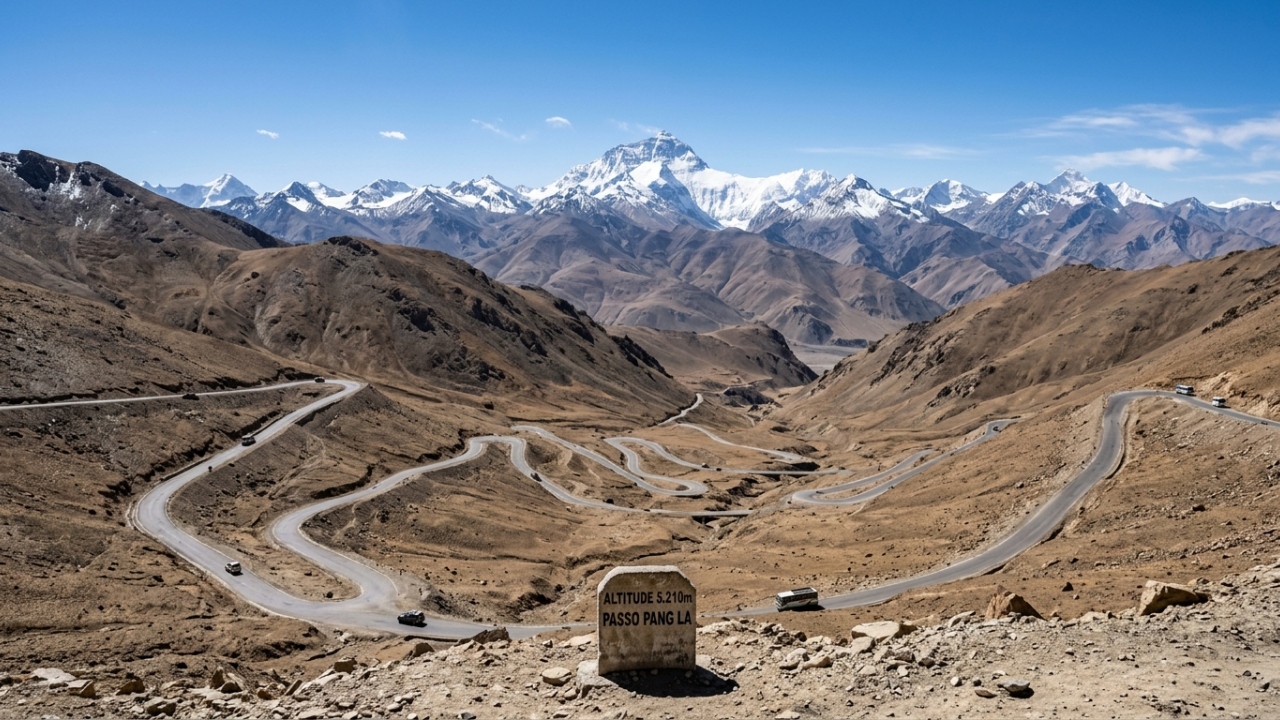 Estrada no Tibete ganha fama por seus 5.210 metros de altitude, pois suas 60 curvas em ziguezague revelam a vista de 5 picos acima de 8.000 metros