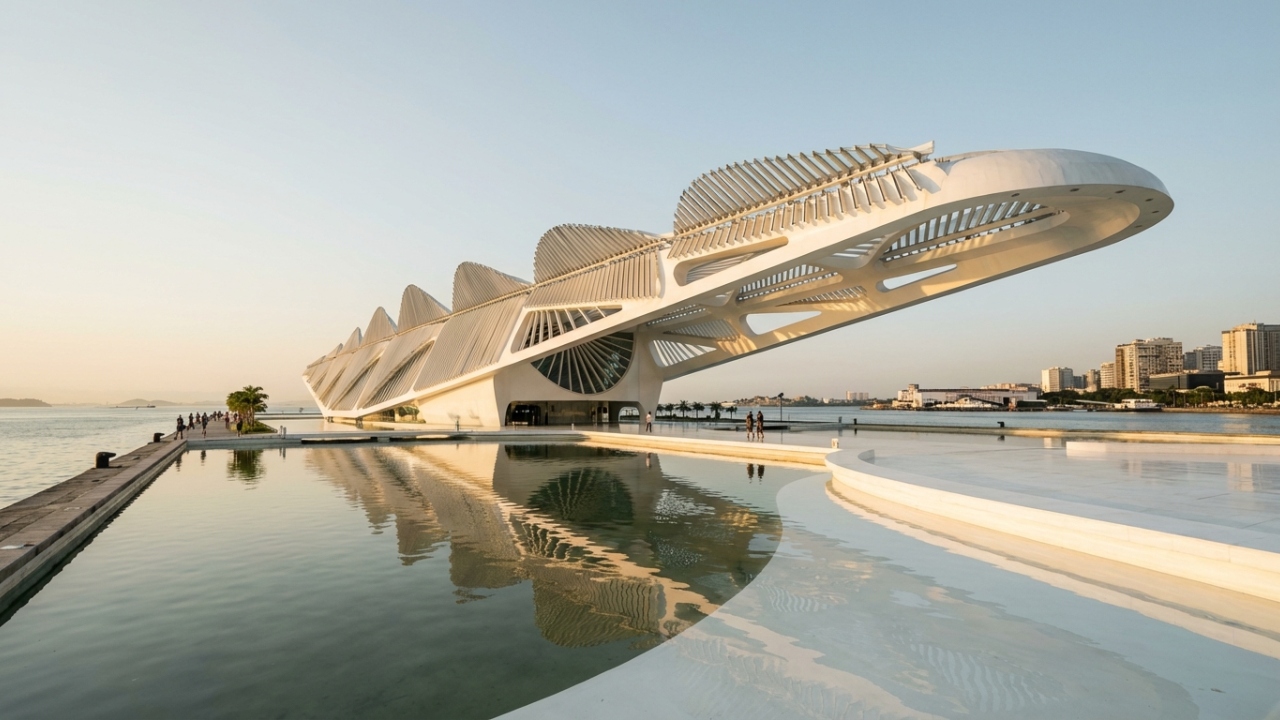 Com 30 mil metros quadrados de área e teto de painéis solares móveis, a obra de Calatrava, de 2015, tornou-se o ícone futurista do Porto Maravilha no Rio