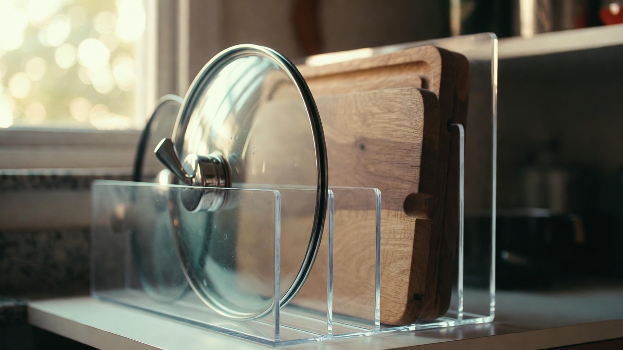 O truque de R$ 15 com organizadores de escritório dentro do armário da cozinha libera até 40% mais espaço e acaba de vez com a bagunça das tampas de panela