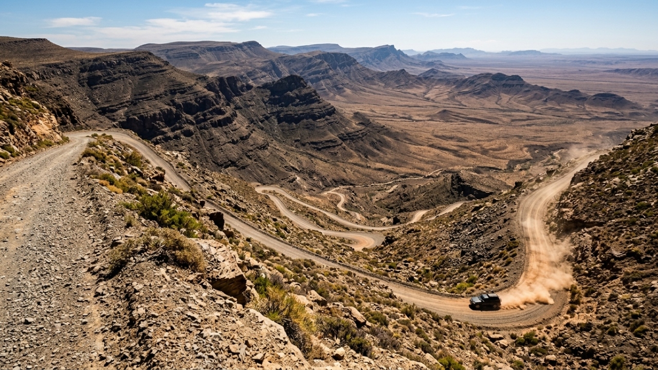 Estrada na África do Sul ganha fama por seus abismos, pois o trajeto de cascalho desce 1.400 metros de altitude, sendo a via mais íngreme da região