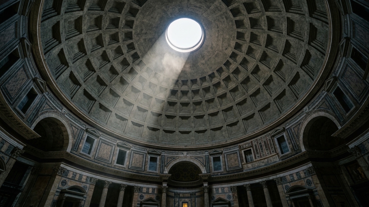 Ostentando uma cúpula de concreto de 43 metros de diâmetro, o imponente monumento erguido há quase 2 mil anos sustenta o próprio peso sem utilizar uma única barra de aço