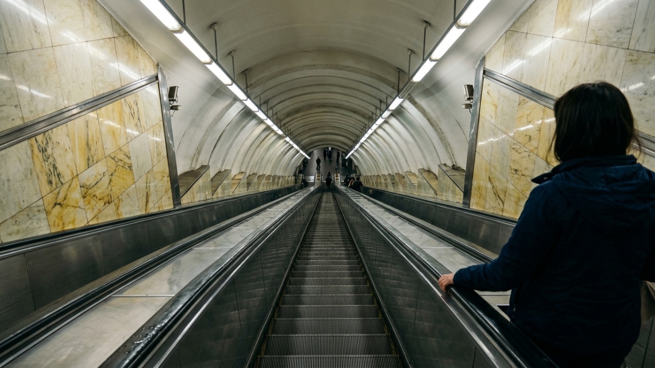 Essa estação de metrô tem 105 metros de profundidade e a escada rolante demora cinco minutos para chegar ao fim