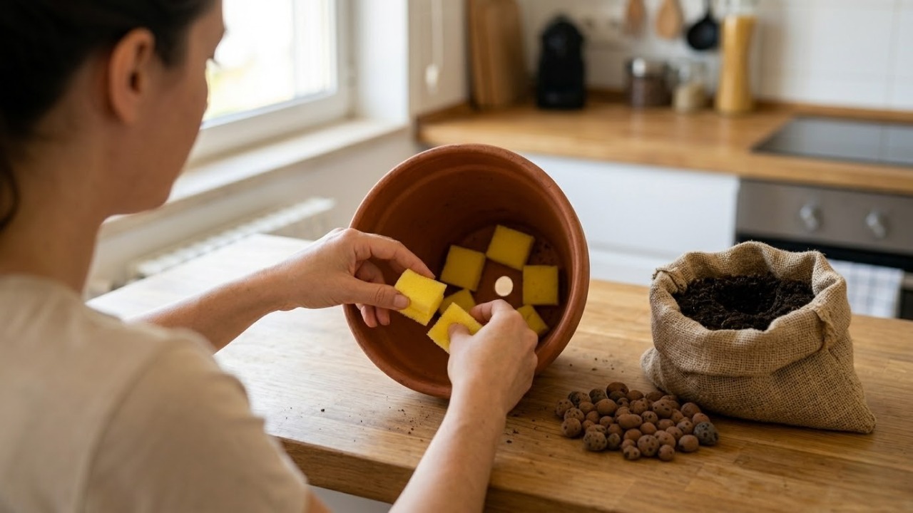 Colocar uma simples esponja de cozinha no fundo do vaso retém a umidade exata e faz suas plantas sobreviverem até 15 dias sozinhas