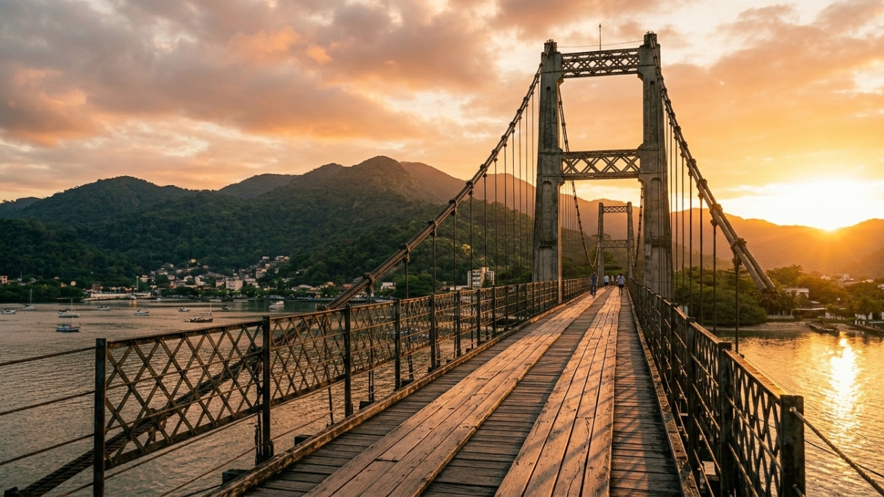 Com 180 metros de extensão e cabos de aço alemães de 1914, a estrutura de São Vicente tornou-se o maior marco da engenharia e da história em SP