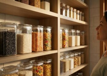 Utilizar potes herméticos de vidro na despensa garante um ganho de 40% de espaço útil e evita o desperdício de alimentos que vencem escondidos no fundo do armário da cozinha