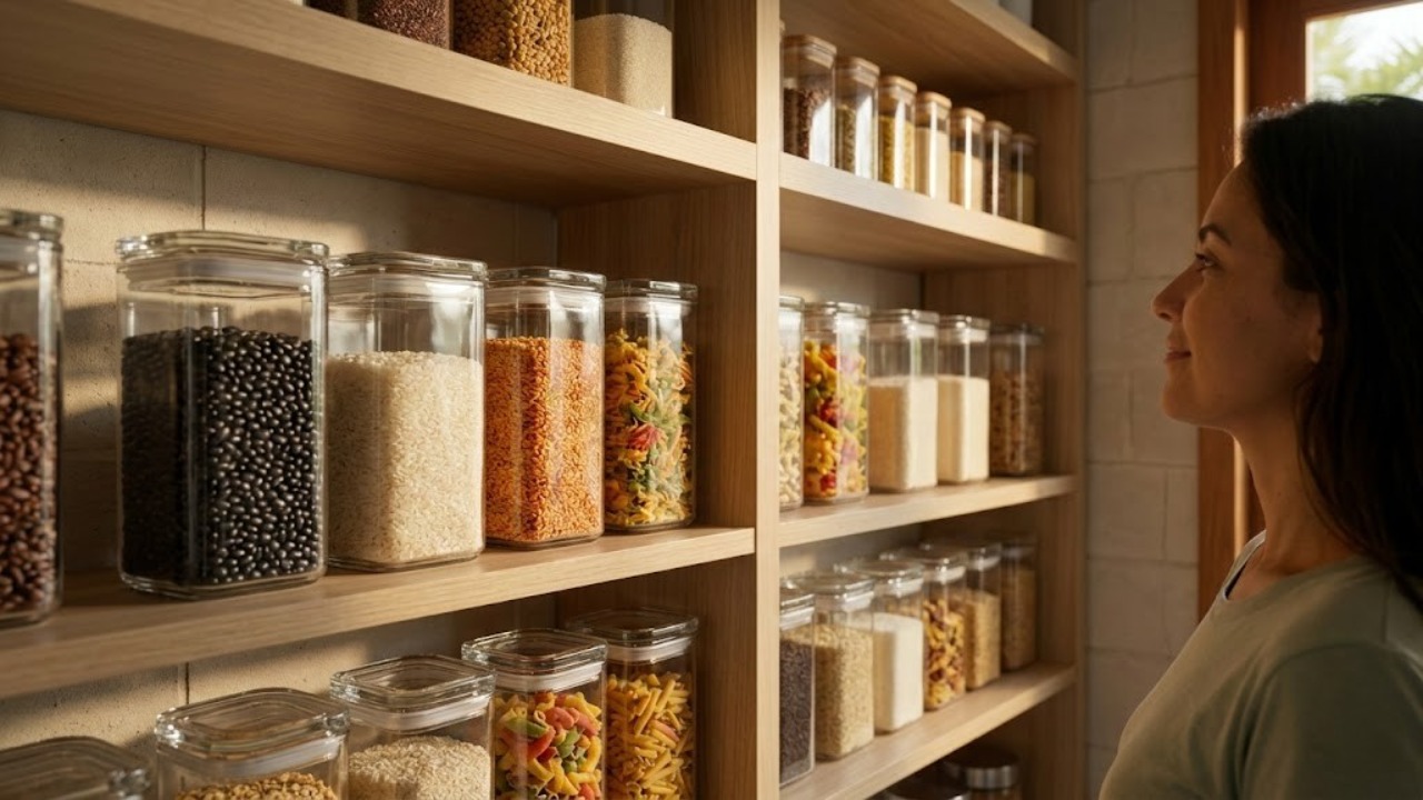 Utilizar potes herméticos de vidro na despensa garante um ganho de 40% de espaço útil e evita o desperdício de alimentos que vencem escondidos no fundo do armário da cozinha