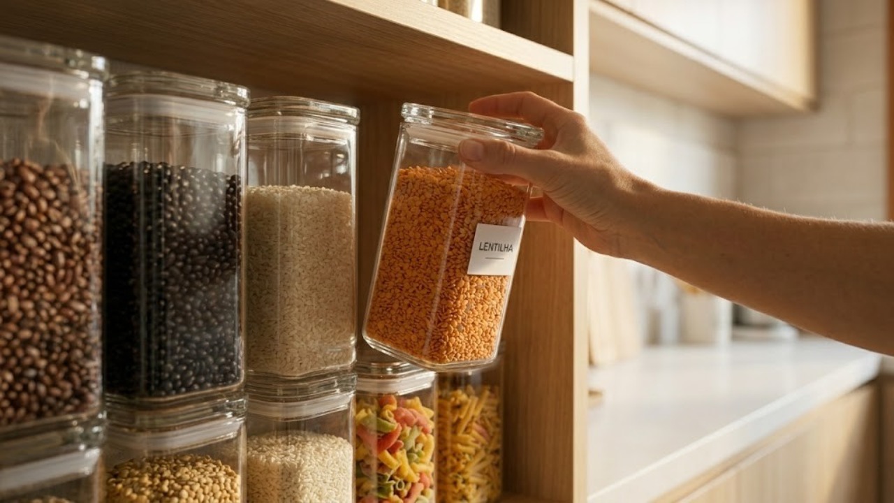 Utilizar potes herméticos de vidro na despensa garante um ganho de 40% de espaço útil e evita o desperdício de alimentos que vencem escondidos no fundo do armário da cozinha
