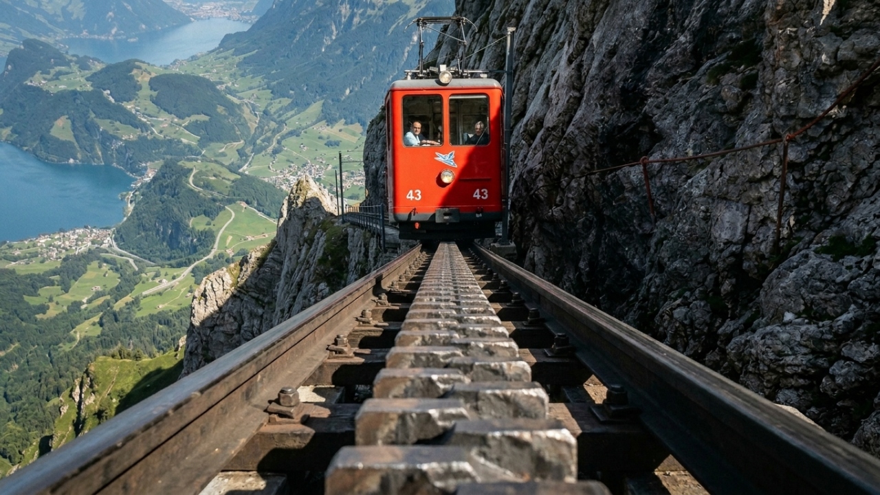 A ferrovia mais íngreme do mundo fica na Suíça, opera desde 1889 e sobe o Monte Pilatus em um ângulo de 48% de inclinação