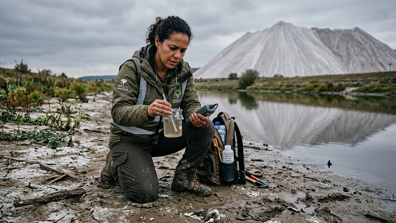 Pesquisadora Brasileira coleta amostra de água em rio contaminado perto da montanha de sal.