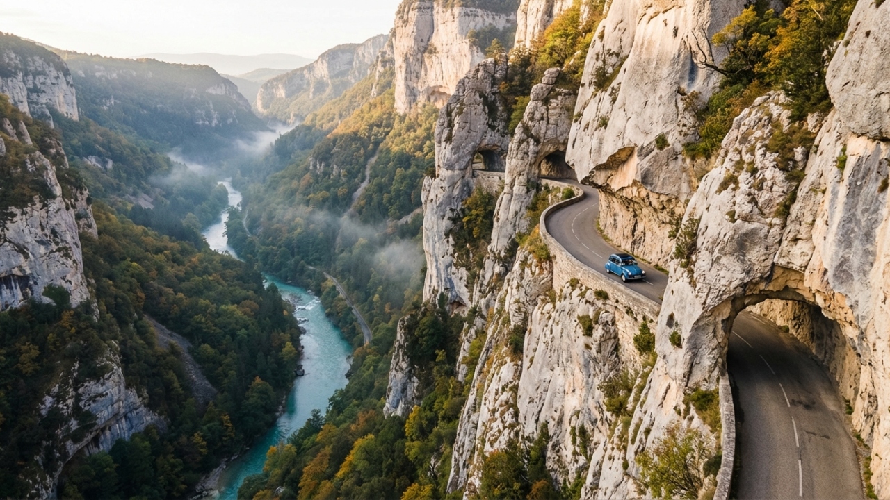 Estrada na França ganha fama por seus penhascos, pois o trajeto esculpido na rocha sobre o rio Bourne é um dos mais vertiginosos de toda a Europa