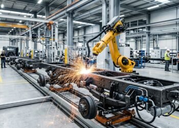 Com chassis modulares e cabines de aço soldadas por robôs, a linha de montagem fabrica caminhões pesados em diversas configurações de tração e carga