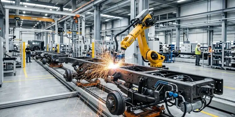 Com chassis modulares e cabines de aço soldadas por robôs, a linha de montagem fabrica caminhões pesados em diversas configurações de tração e carga