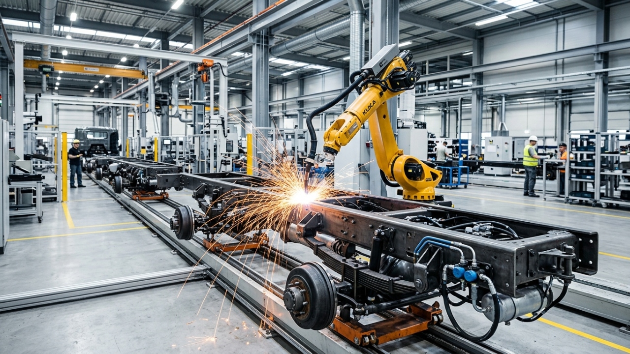 Com chassis modulares e cabines de aço soldadas por robôs, a linha de montagem fabrica caminhões pesados em diversas configurações de tração e carga