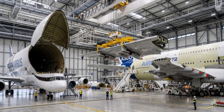 Com peças vindas de 4 países e o uso de 2.000 litros de tinta, a linha da Airbus une o A380 e o BelugaXL em hangares gigantes, na França