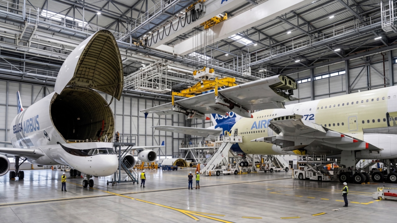 Com peças vindas de 4 países e o uso de 2.000 litros de tinta, a linha da Airbus une o A380 e o BelugaXL em hangares gigantes, na França