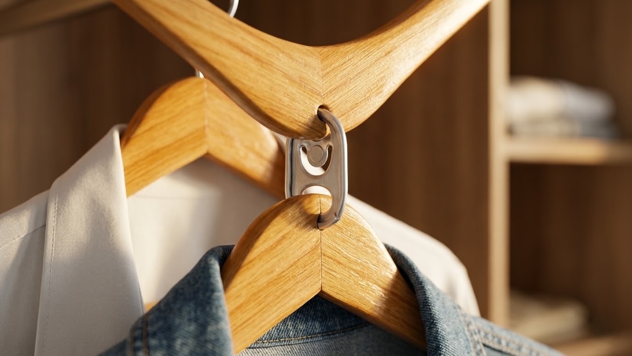 O truque invisível de R$ 0 com pequenos lacres de alumínio permite pendurar até três vezes mais cabides no seu roupeiro, sem amassar as roupas