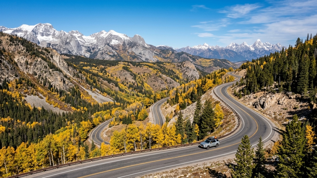 Estrada em Wyoming ganha fama por sua altitude, pois o trajeto de 2.944 metros cruza as montanhas Rochosas entre picos de neve e florestas puras