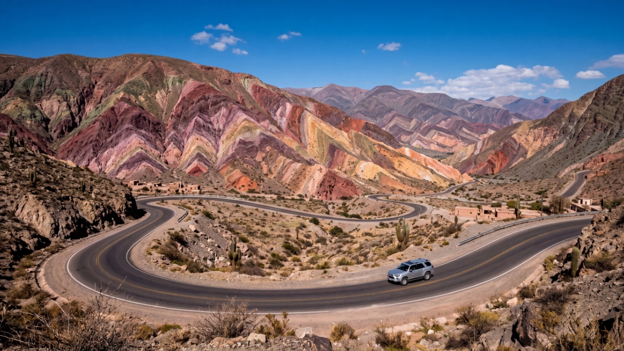 Estrada na Argentina ganha fama por seus 4.170 metros de altitude, pois o trajeto sinuoso em Jujuy atravessa montanhas de cores vibrantes e únicas na região