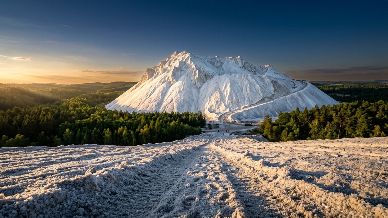 A imensidão branca do Monte Kali em contraste com a floresta verde.