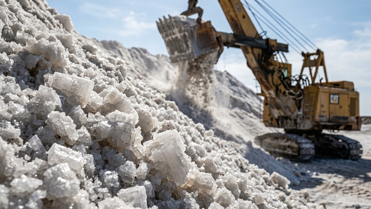 Close macro em cristais de sal branco com escavadeira industrial ao fundo.