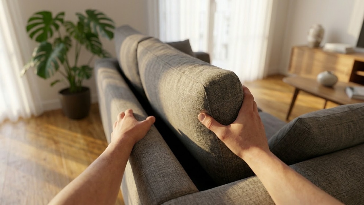 Afastar o sofá exatamente 10 centímetros da parede cria uma linha de sombra estratégica que pode fazer a sala parecer até 20% mais ampla e elegante